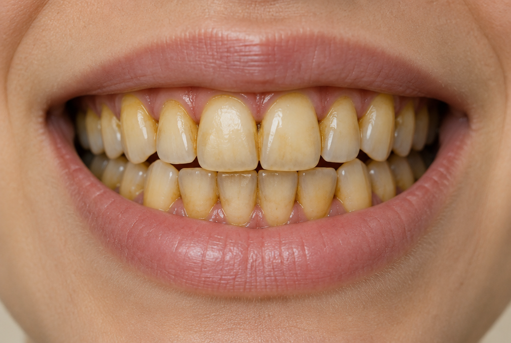 Sourire avant détartrage, dents jaunies